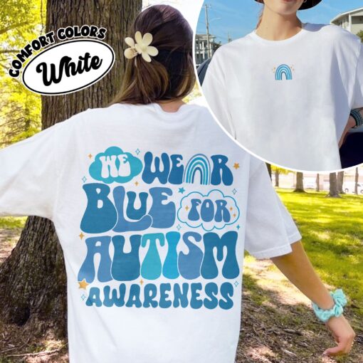 comfort colors we wear blue for autism awareness shirt autism awareness month blue rainbow support tee j60uo