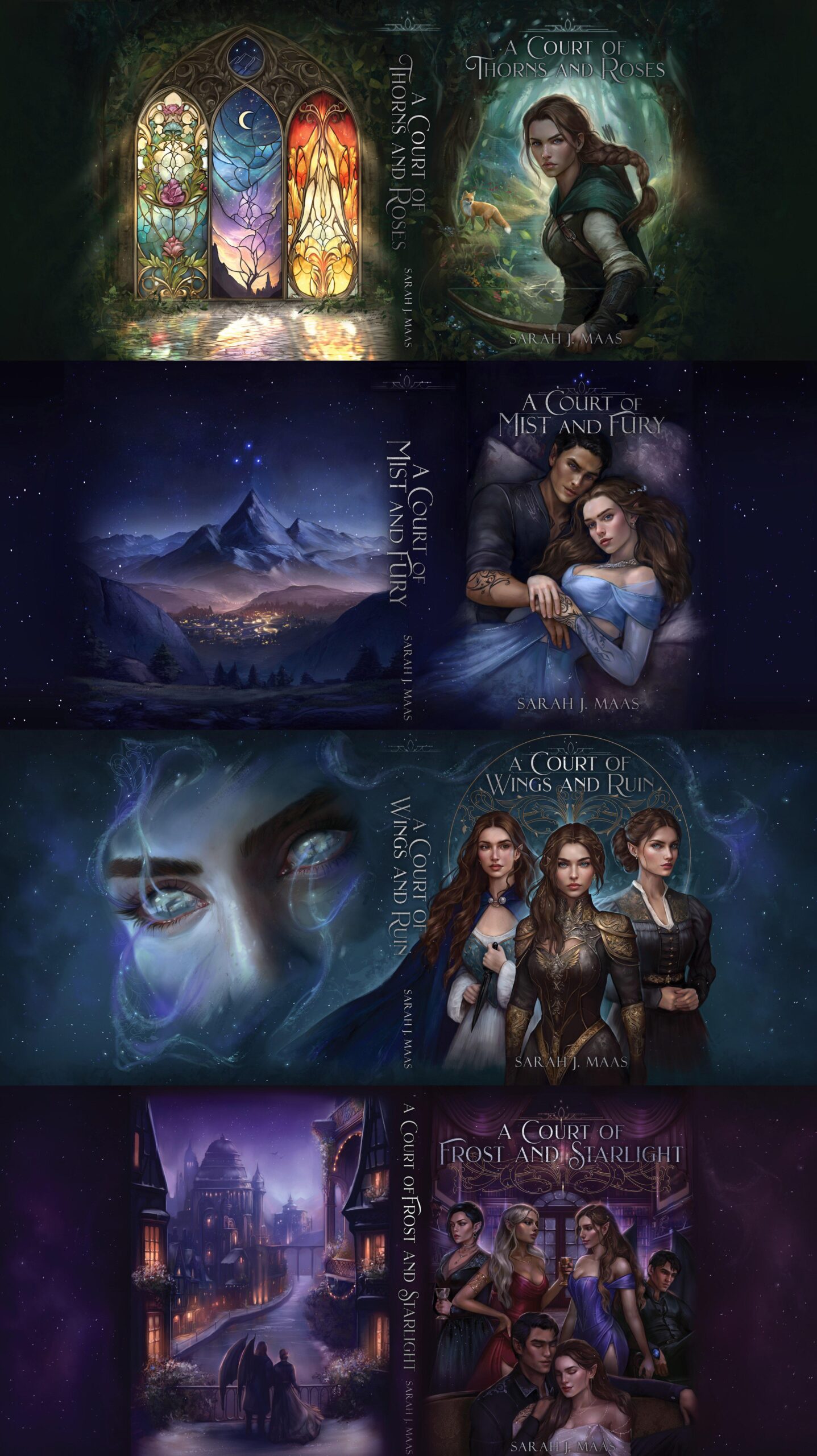 Various custom ACOTAR dust jackets displaying different designs and characters