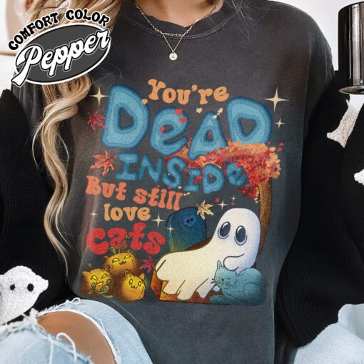 dead inside but still love cats shirt ghost and cat vintage halloween t shirt womens black cat shirt 1bd0z