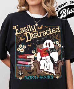 easily distracted cats and books shirt halloween ghost reading vintage t shirt womens book lover shirt 8kklt