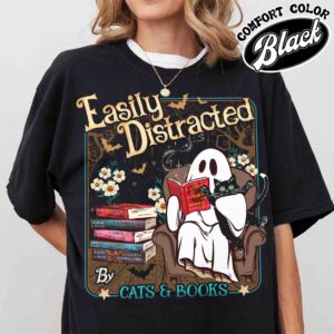 easily distracted cats and books shirt halloween ghost reading vintage t shirt womens book lover shirt 8kklt