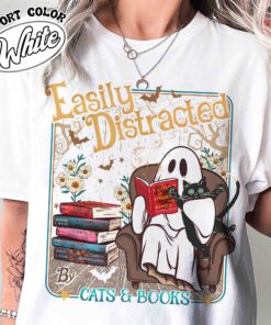 easily distracted cats and books shirt halloween ghost reading vintage t shirt womens book lover shirt b0prd