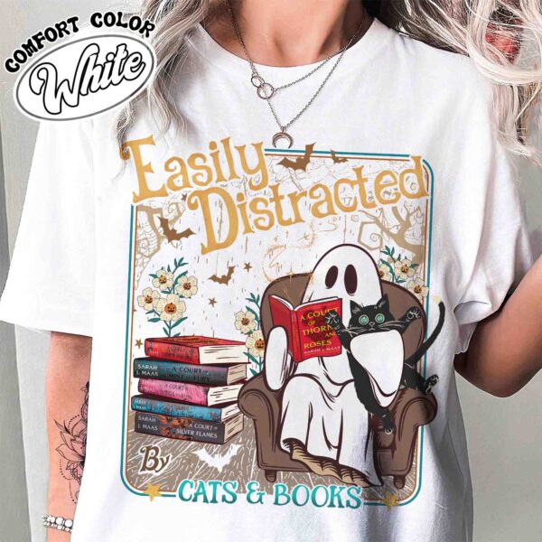 easily distracted cats and books shirt halloween ghost reading vintage t shirt womens book lover shirt b0prd