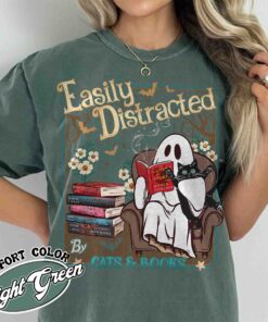 easily distracted cats and books shirt halloween ghost reading vintage t shirt womens book lover shirt epccd