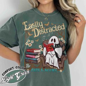 easily distracted cats and books shirt halloween ghost reading vintage t shirt womens book lover shirt epccd