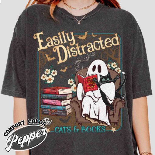 easily distracted cats and books shirt halloween ghost reading vintage t shirt womens book lover shirt iepno