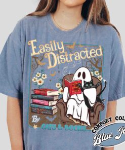 easily distracted cats and books shirt halloween ghost reading vintage t shirt womens book lover shirt msony