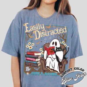 easily distracted cats and books shirt halloween ghost reading vintage t shirt womens book lover shirt msony