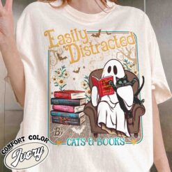 easily distracted cats and books shirt halloween ghost reading vintage t shirt womens book lover shirt vhajq