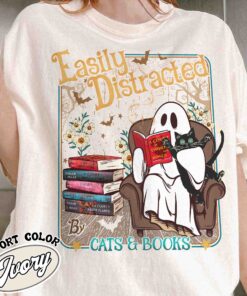 easily distracted cats and books shirt halloween ghost reading vintage t shirt womens book lover shirt vhajq