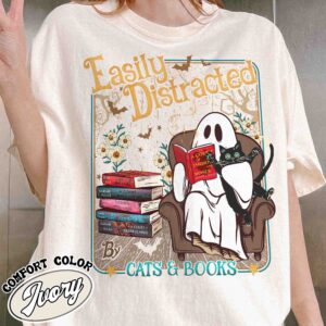 easily distracted cats and books shirt halloween ghost reading vintage t shirt womens book lover shirt vhajq