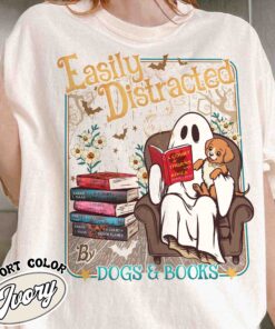 easily distracted dogs and books shirt halloween ghost and dogs vintage t shirt womens book lover gift 5yhxl