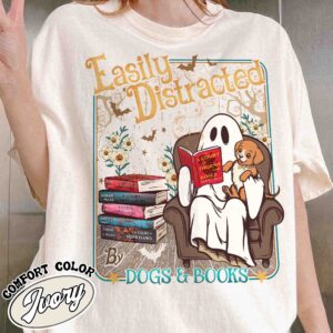 easily distracted dogs and books shirt halloween ghost and dogs vintage t shirt womens book lover gift 5yhxl