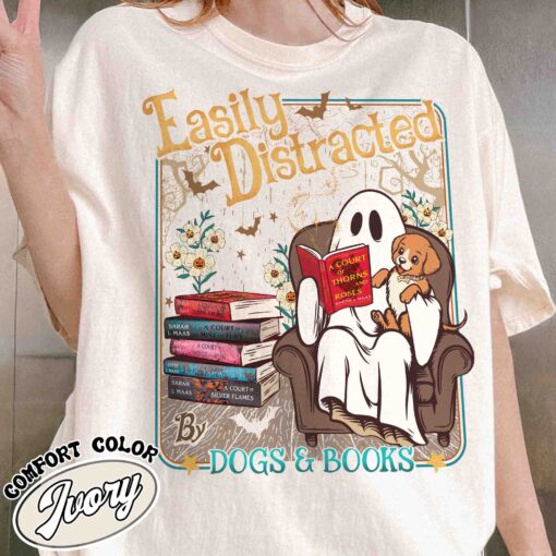 easily distracted dogs and books shirt halloween ghost and dogs vintage t shirt womens book lover gift