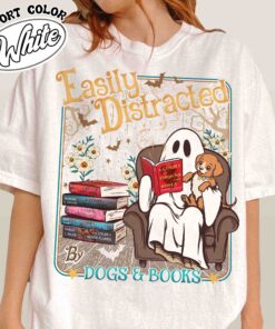 easily distracted dogs and books shirt halloween ghost and dogs vintage t shirt womens book lover gift al1ci