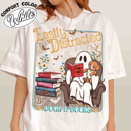 easily distracted dogs and books shirt halloween ghost and dogs vintage t shirt womens book lover gift al1ci