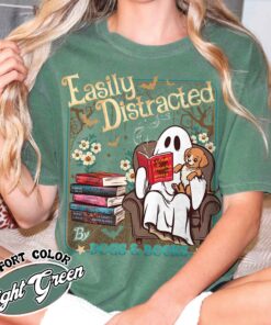 easily distracted dogs and books shirt halloween ghost and dogs vintage t shirt womens book lover gift he2yi