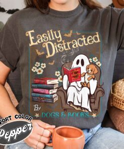 easily distracted dogs and books shirt halloween ghost and dogs vintage t shirt womens book lover gift yab59