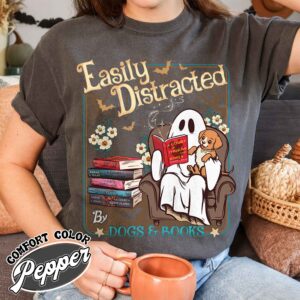 easily distracted dogs and books shirt halloween ghost and dogs vintage t shirt womens book lover gift yab59