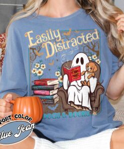 easily distracted dogs and books shirt halloween ghost and dogs vintage t shirt womens book lover gift zfdno