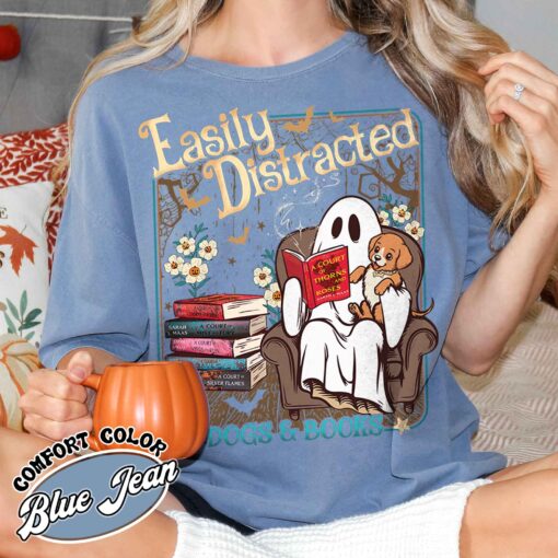 easily distracted dogs and books shirt halloween ghost and dogs vintage t shirt womens book lover gift zfdno