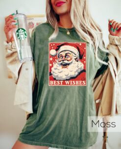 Funny Christmas Santa Claus Crewneck Shirt for New Year Celebrations  Vintage Style Holiday Apparel with Best Wishes Design