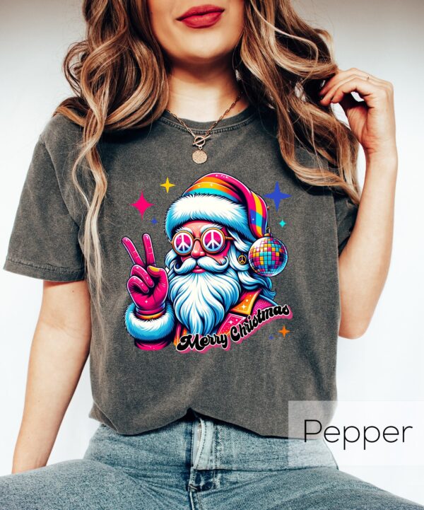 funny christmas santa t shirt colorful crewneck with hippie santa design and peace sign for merry christmas celebrations rkass