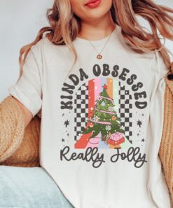 funny christmas shirt for women kinda obsessed retro tee with holly jolly design vintage t shirt for holiday celebrations 68mz7