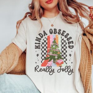 funny christmas shirt for women kinda obsessed retro tee with holly jolly design vintage t shirt for holiday celebrations 68mz7