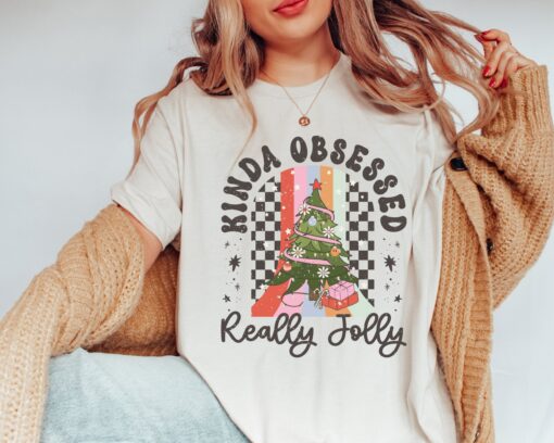 funny christmas shirt for women kinda obsessed retro tee with holly jolly design vintage t shirt for holiday celebrations 68mz7