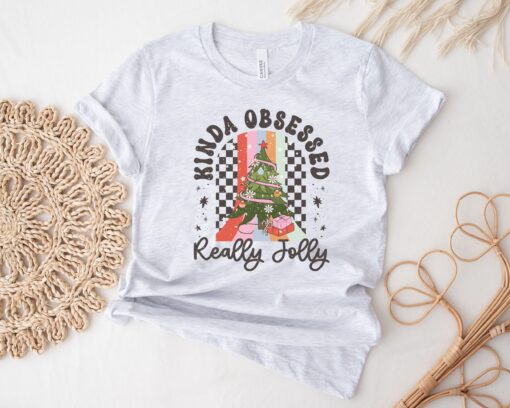 funny christmas shirt for women kinda obsessed retro tee with holly jolly design vintage t shirt for holiday celebrations diyud