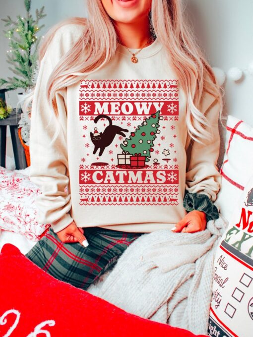 funny christmas shirts meowy catmas ugly sweater unisex cat lover sweatshirt for festive holiday celebrations 6llzb