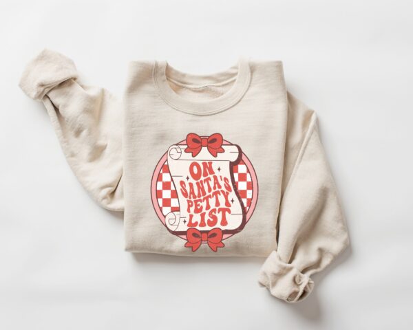 funny christmas sweater for women on santas petty list crewneck sweatshirt with unique holiday design no8hy