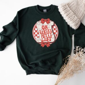 funny christmas sweater for women on santas petty list crewneck sweatshirt with unique holiday design ptjk5