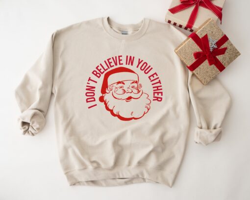 funny christmas sweatshirt for women with i dont believe in you either print vintage style xmas sweater for holiday wear jsird