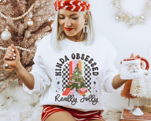 funny christmas sweatshirt kinda obsessed really jolly crewneck for women comfortable ugly christmas sweater design