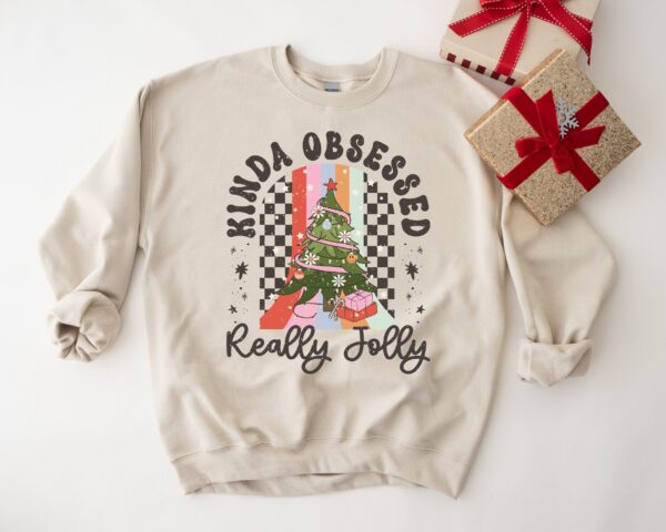 funny christmas sweatshirt kinda obsessed really jolly crewneck for women comfortable ugly christmas sweater design f3bjo