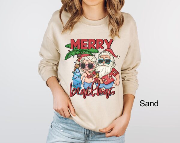 funny christmas sweatshirt merry beachmas shirt tropical xmas design for beach vacation mr and mrs claus mele kalikimaka theme