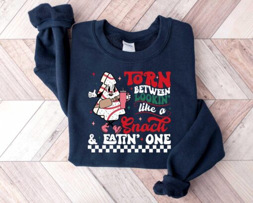 funny christmas sweatshirt torn between looking like a snack or eating one comfortable gym workout apparel for sarcastic humor gdgou