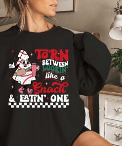 funny christmas sweatshirt torn between looking like a snack or eating one comfortable gym workout apparel for sarcastic humor umdmv