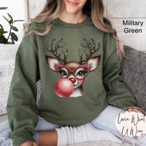 funny christmas sweatshirt with reindeer blowing bubble and glasses oversized holiday top for casual winter wear jev8u