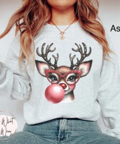 funny christmas sweatshirt with reindeer blowing bubble and glasses oversized holiday top for casual winter wear jglhr