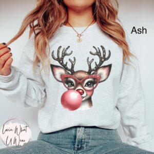 funny christmas sweatshirt with reindeer blowing bubble and glasses oversized holiday top for casual winter wear jglhr