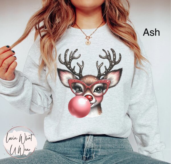 funny christmas sweatshirt with reindeer blowing bubble and glasses oversized holiday top for casual winter wear jglhr