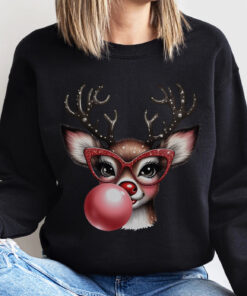 funny christmas sweatshirt with reindeer blowing bubble and glasses oversized holiday top for casual winter wear n8dvn