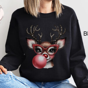 funny christmas sweatshirt with reindeer blowing bubble and glasses oversized holiday top for casual winter wear n8dvn