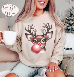 Funny Christmas Sweatshirt with Reindeer Blowing Bubble and Glasses Oversized Holiday Top for Casual Winter Wear