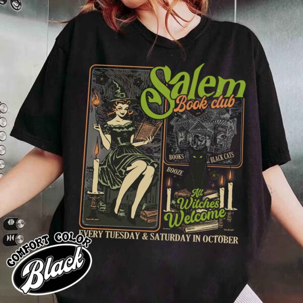 salem book club shirt vintage halloween bookish womens t shirt black cat spooky salem witch shirt