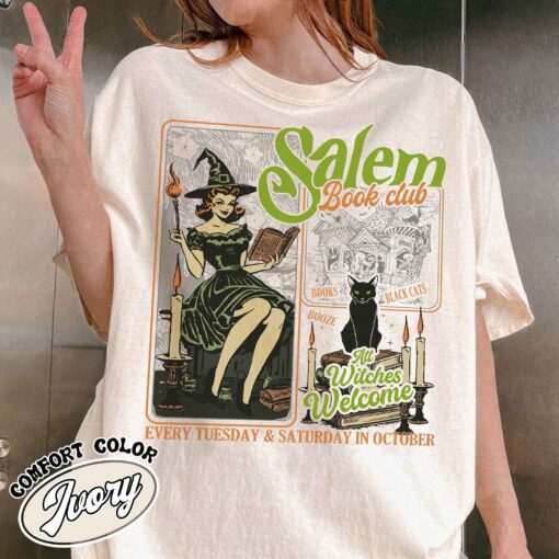 salem book club shirt vintage halloween bookish womens t shirt black cat spooky salem witch shirt zt1kh