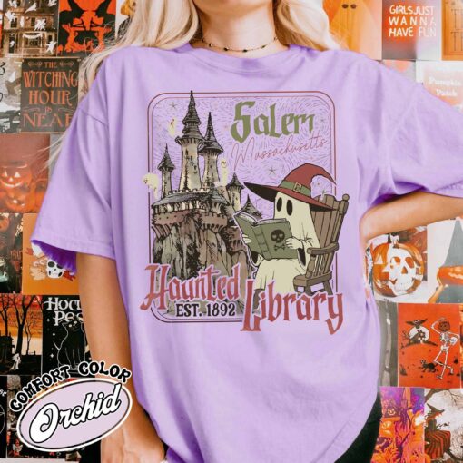 the haunted library shirt vintage bookish halloween womens t shirt ghost reading books gift 4u1cq